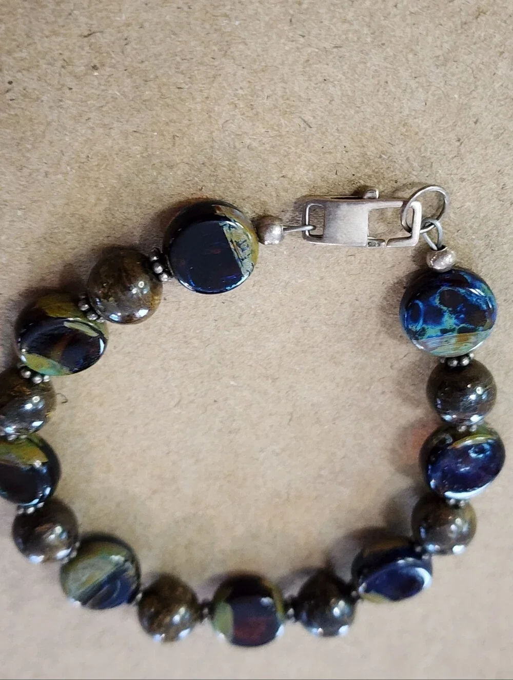 Artisan Handmade Dichroic Glass& Natural Stone Bracelet Sterling Silver 925 6.5